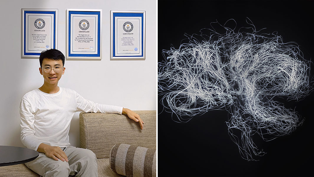 Split image of Pei with his certificates and the paper cut into one strip