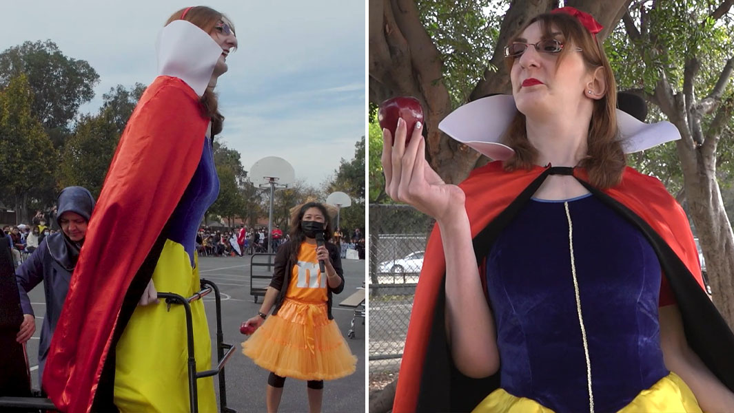 Split image of Rumeysa dressed as Snow White standing and holding an apple