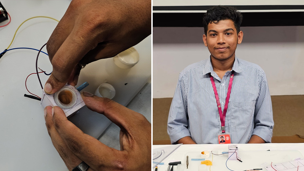 Split image of smallest washing machine being held as its creator Sebin Saji