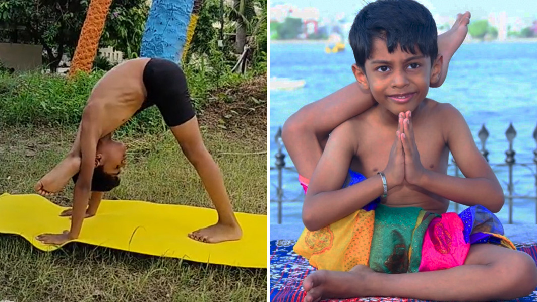 Split image of Pratyaksh doing yoga
