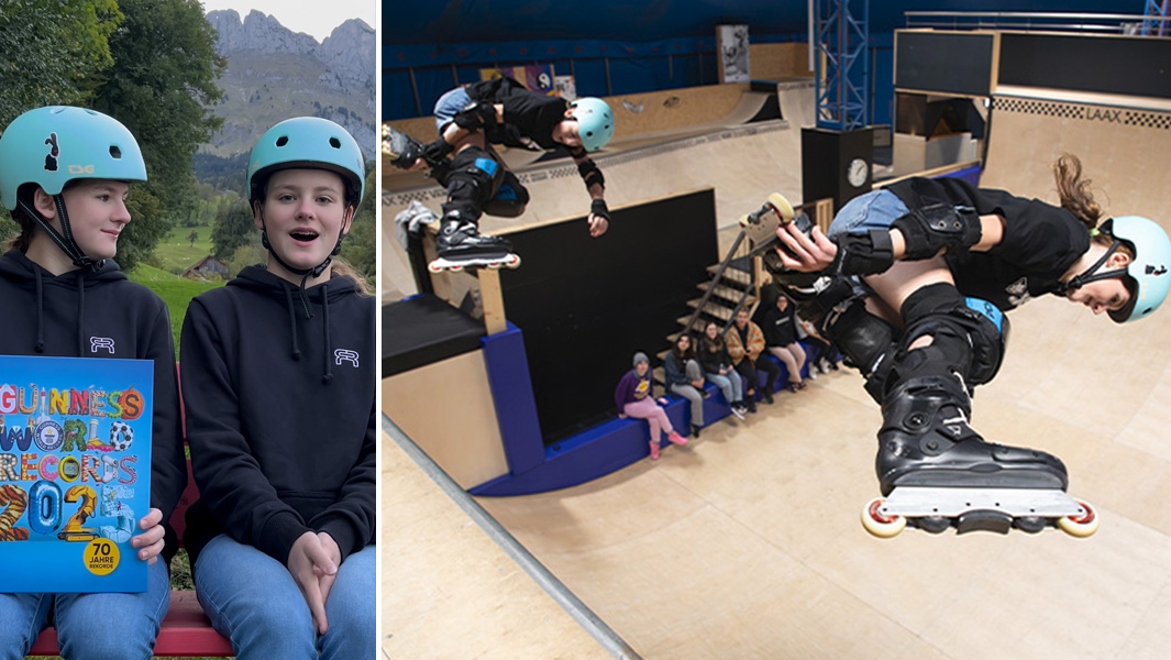 Split image of Stump sisters holding GWR book and skating