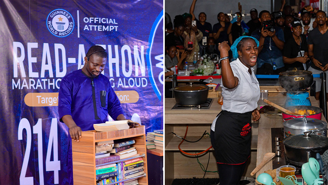 Split image of reading marathon and cooking marathon