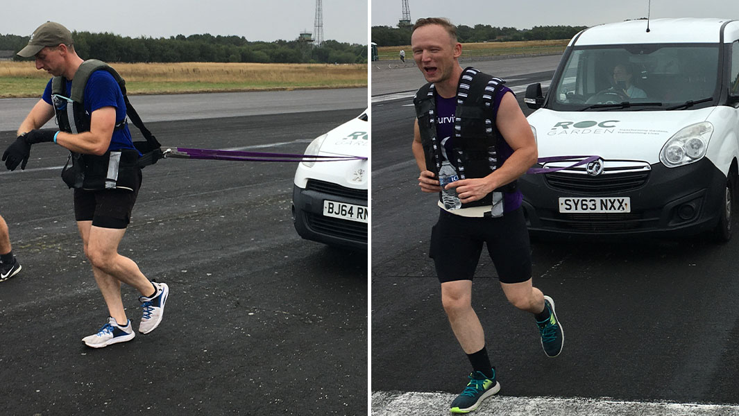 Split image of James and John pulling vans
