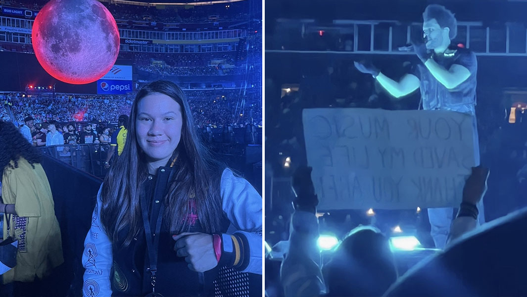 Split image of Karla at a Weeknd concert and holding up a sign with him on stage