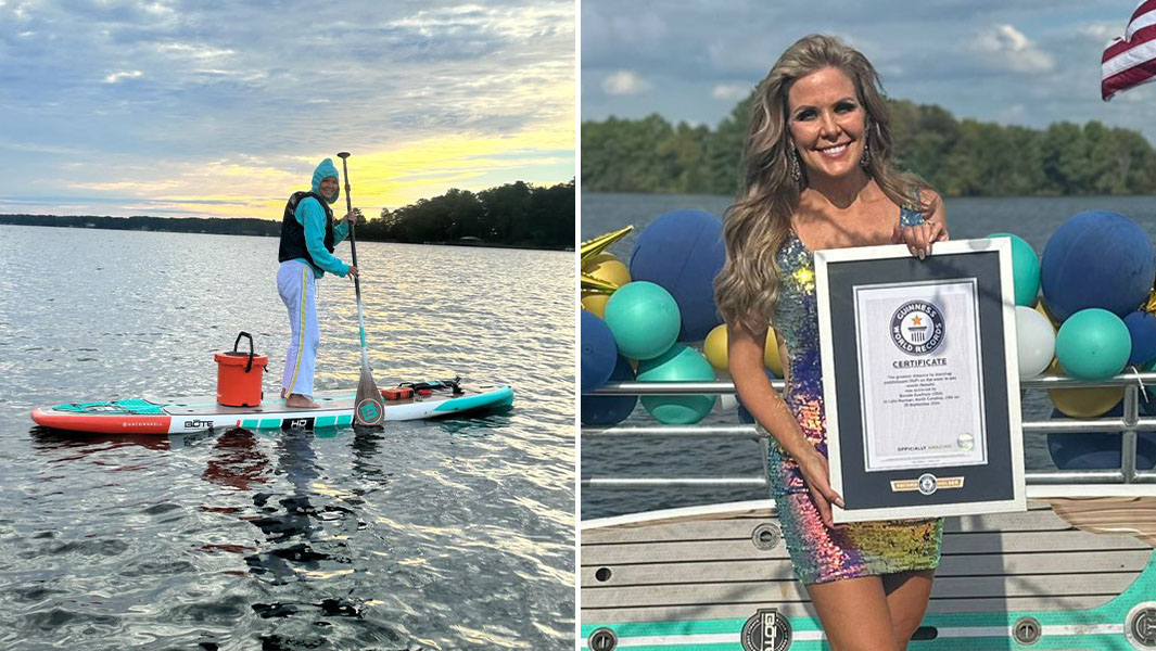 Split image of Bonnie paddleboarding on a lake and posing with her GWR certificate