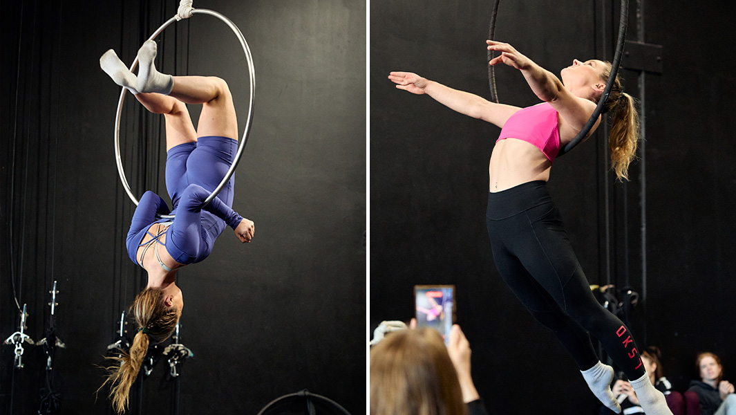 split image of Charli upside down on aerial hoop and hanging off her shoulder blades