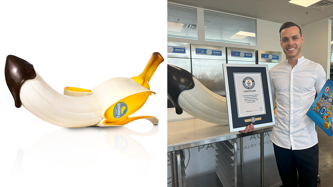 Split image of banana sculpture and Chef Amaury with his certificate and book