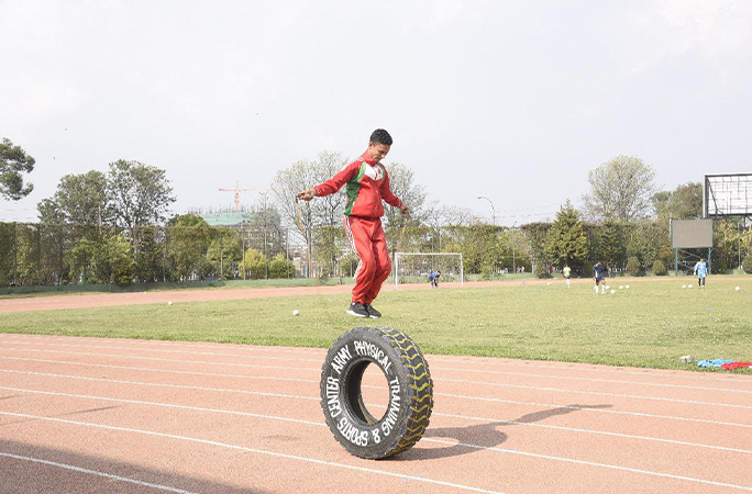 Hari skipping on a tyre