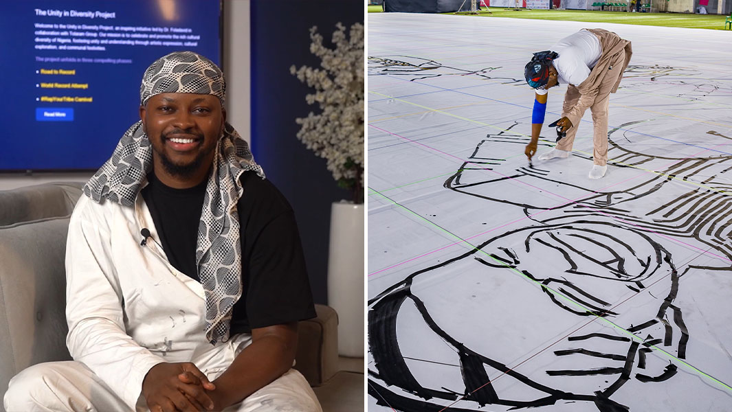 Split image of Fola looking at the camera and working on his drawing