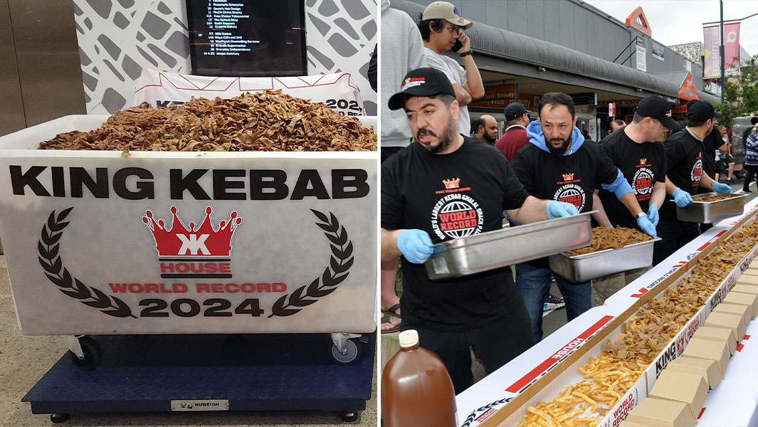 Split image of kebab in container and being served up