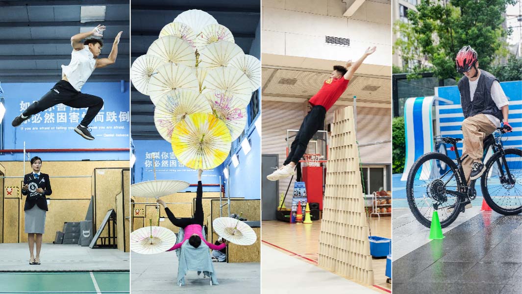 Split image of four Chinese record holders attempting their records on Guinness World Records Day
