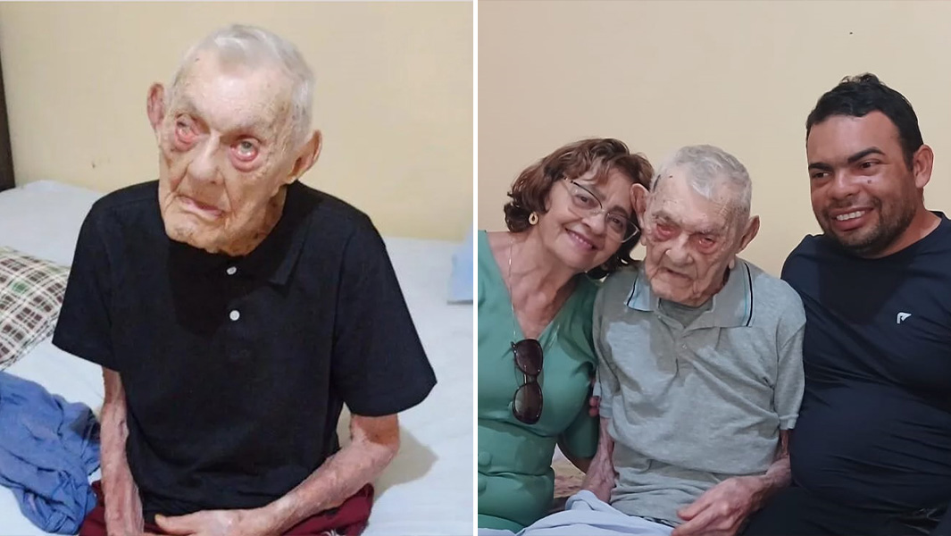 Split image of oldest man Joao sitting on his own and with a man and woman