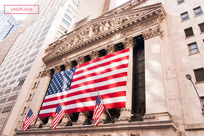 wall street with flags