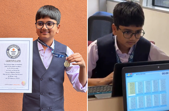 split image of Aaryan with his certificate and on his computer