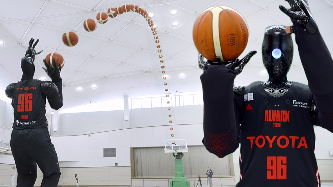 Split image of basketball robot making a shot and holding a ball