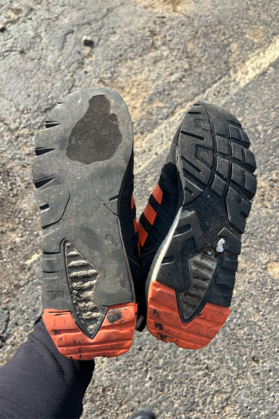 Chad Caruso's worn-out shoes after crossing America