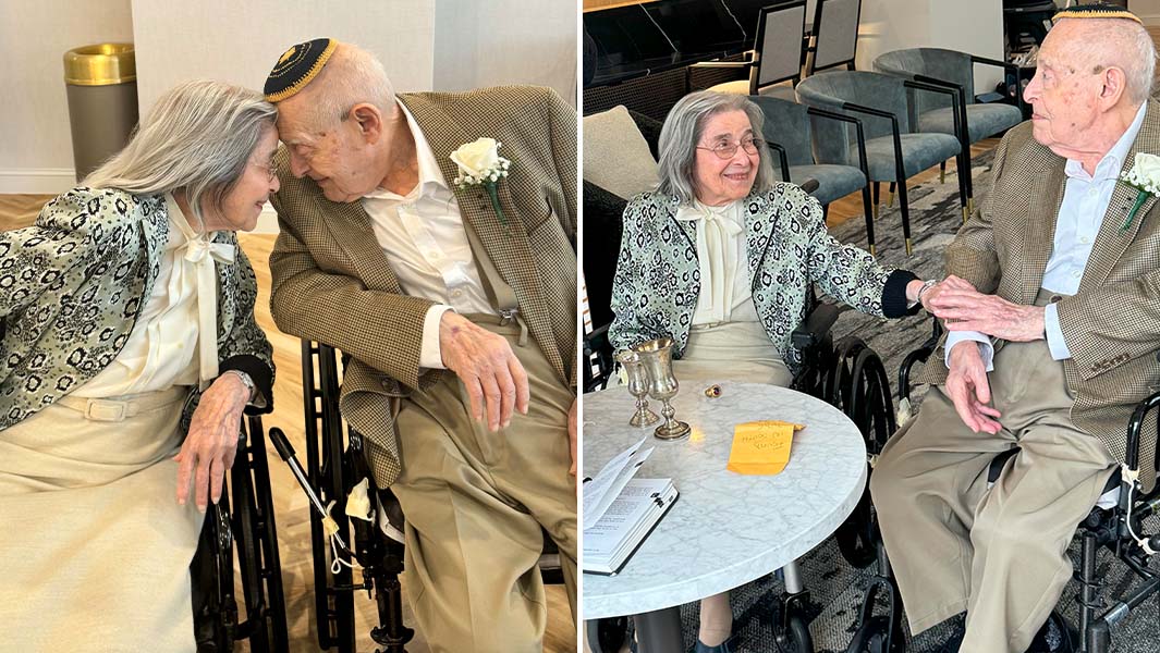 Split image of the world's oldest newlyweds (Marjorie Fiterman, 102, and Bernie Littman, 100) at their wedding.