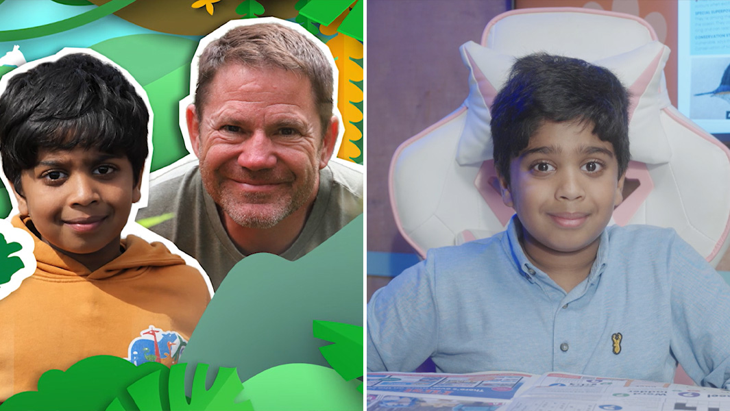 Split image Aneeshwar with Steve Backshall and alone