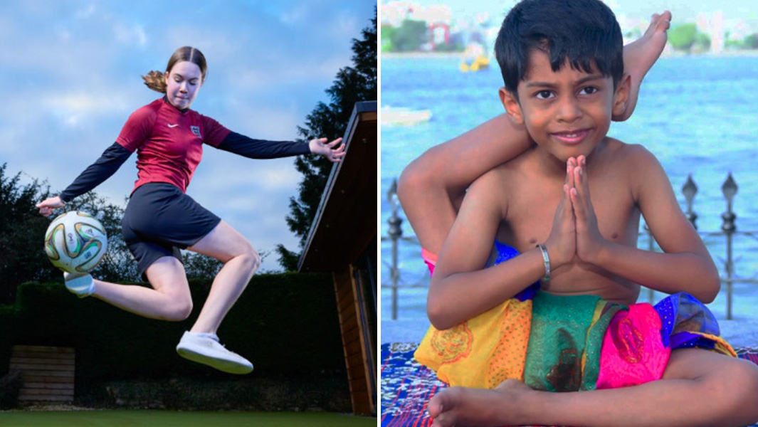 Split image of Isabel playing football and youngest yoga instructor