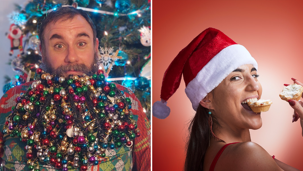 Split image most baubles on beard and Leah eating mince pies