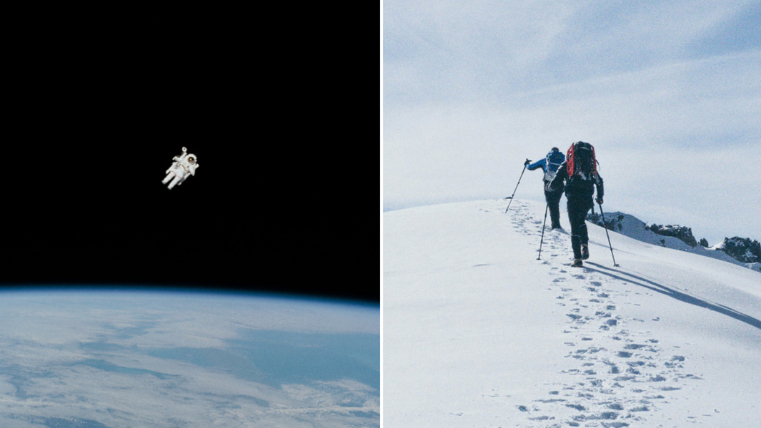 split image of astronaut in space and hikers on snowy mountain