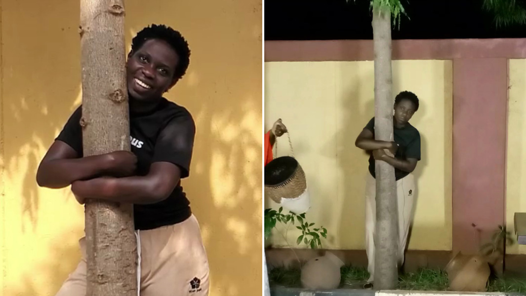 split image of Faith Ariokot hugging tree