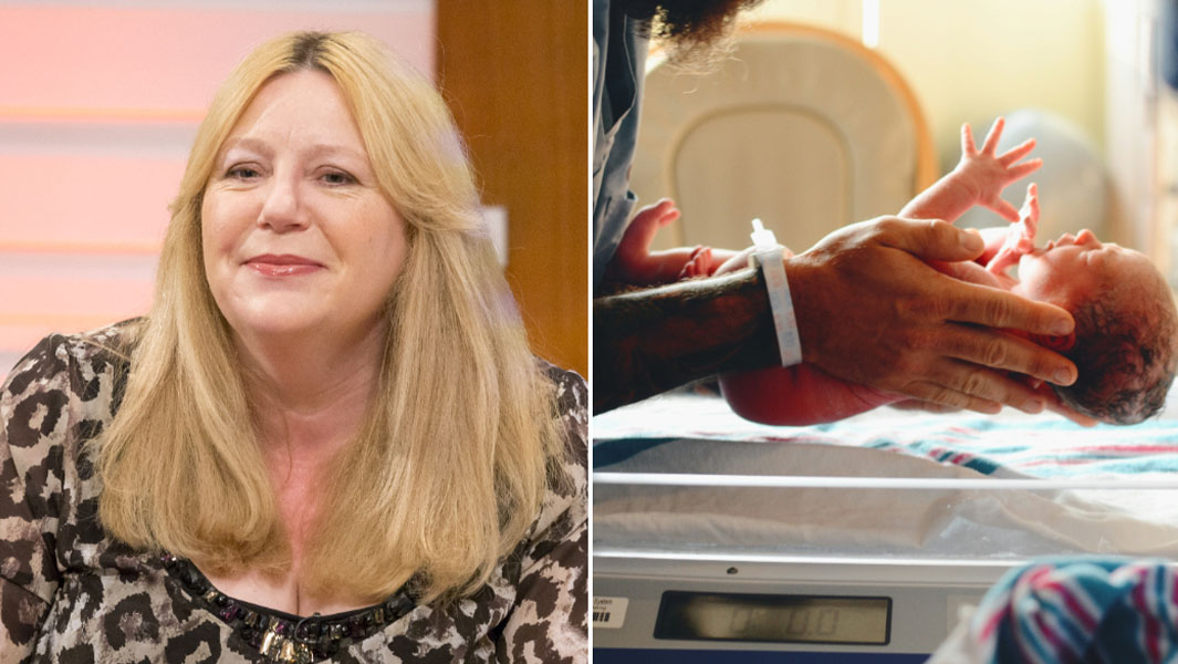 carole horlock and newborn baby split image