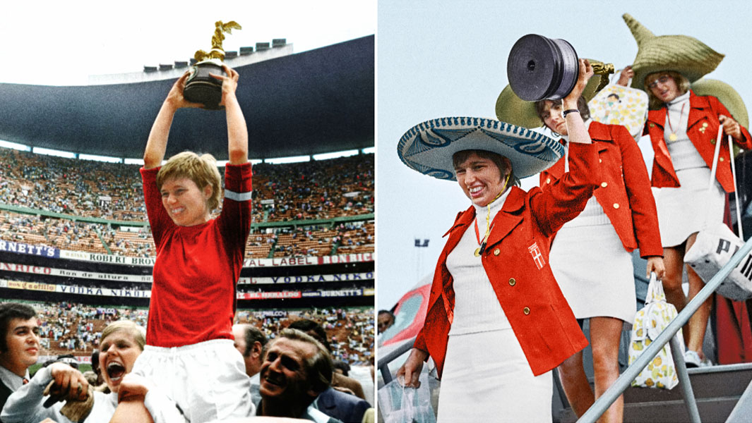 danish team holding trophy and leaving plane split image