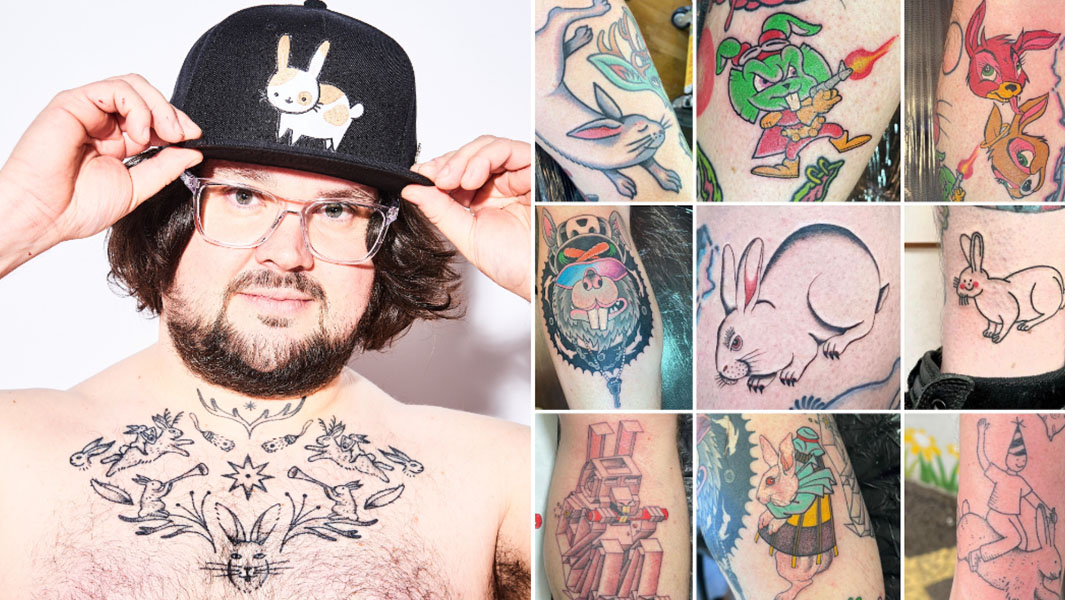 split image of Craig Evans and his rabbit tattoos