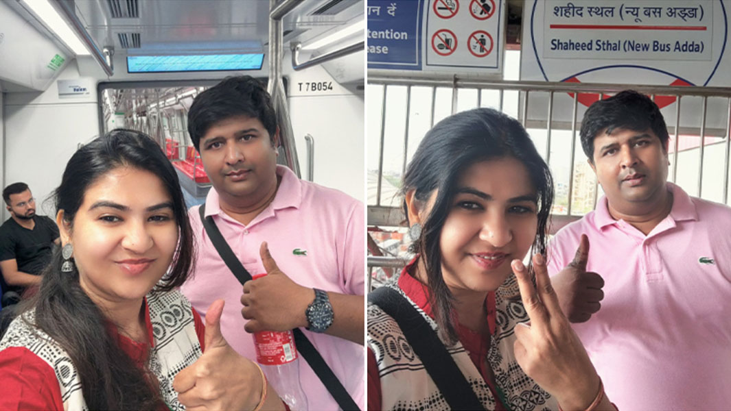 split image of Sujoy and Shipra in train and at metro station