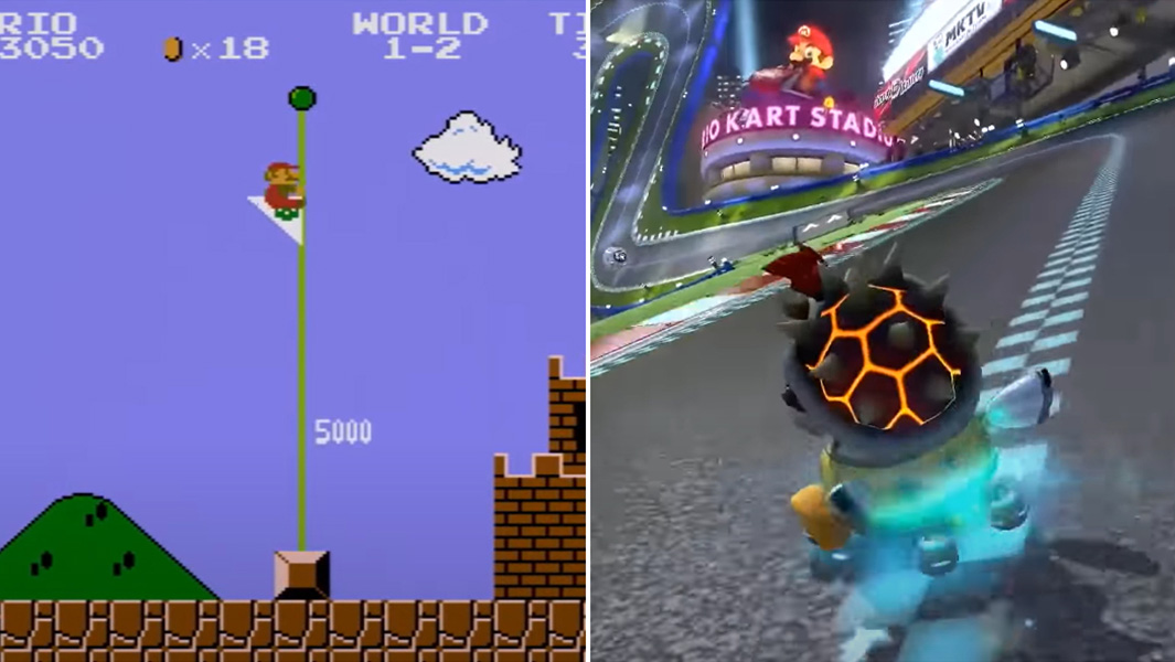 split image of Super Mario Bros and Mario Kart 8