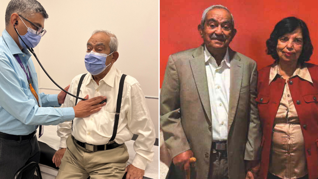 split image of Walter Tauro at clinic and standing next to wife