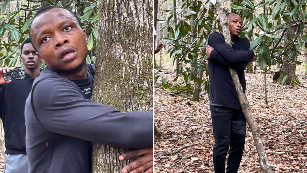 split image of Abubakar hugging trees
