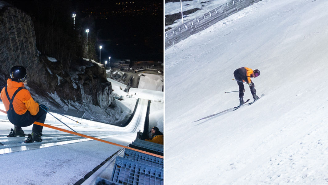 split image of Anders Backe skiing Vikersund Hill
