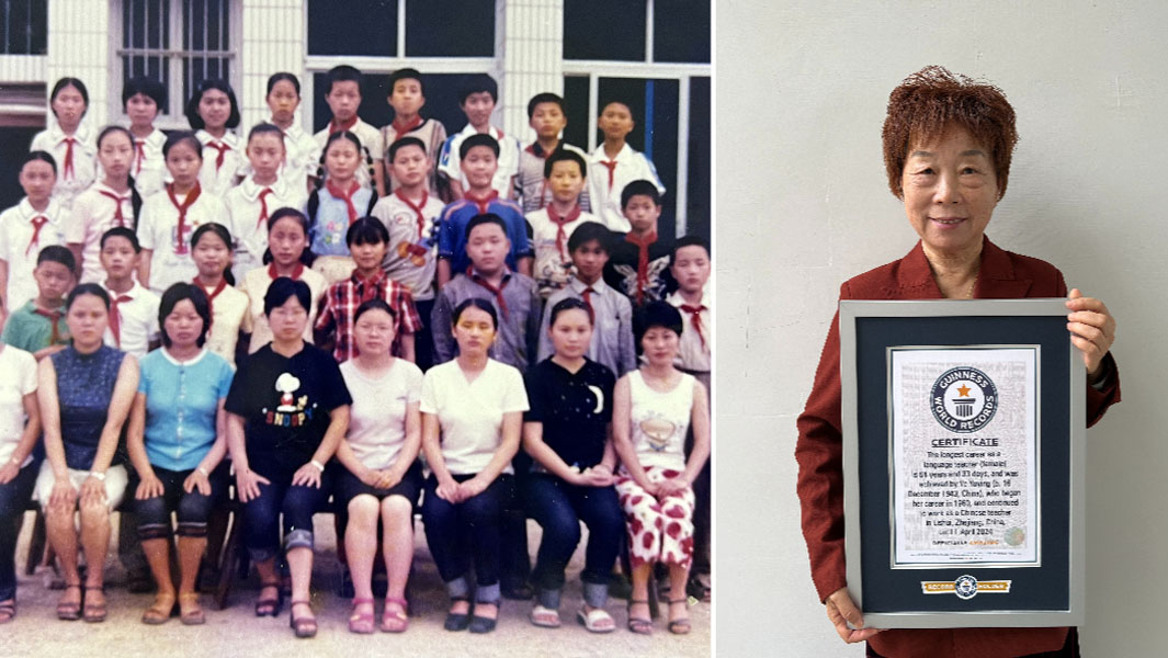 split-image-of-Ye-and-her-students-and-her-holding-GWR-certificate