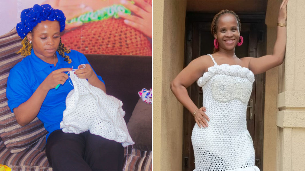 Split image of Chidinma crocheting and wearing her crocheted dress