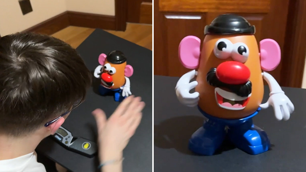 split image of Declan making mr potato head
