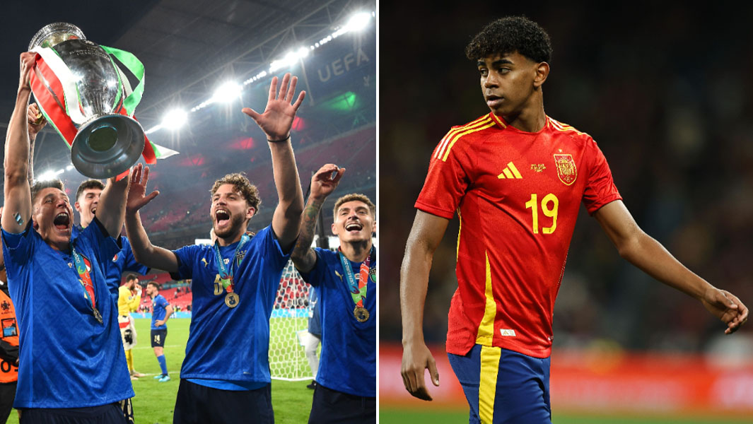 split image of italy with trophy and lamine yamal