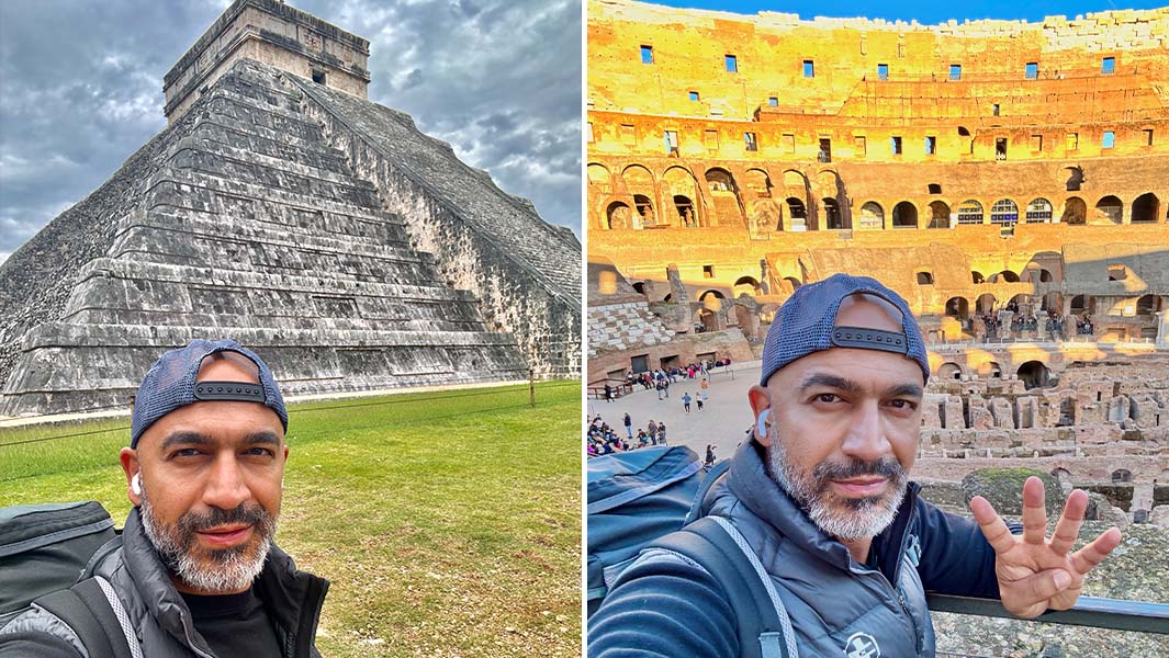 split image of Magdy at Chichen Itza and the Colosseum
