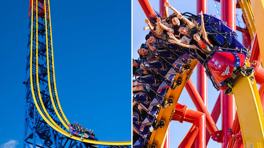 A split image of rollercoasters Superman: Escape from Krypton and Wonder Woman Flight of Courage