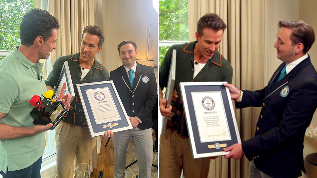 Ryan Reynolds and Hugh Jackman receiving their GWR certificates from adjudicator Will Munford