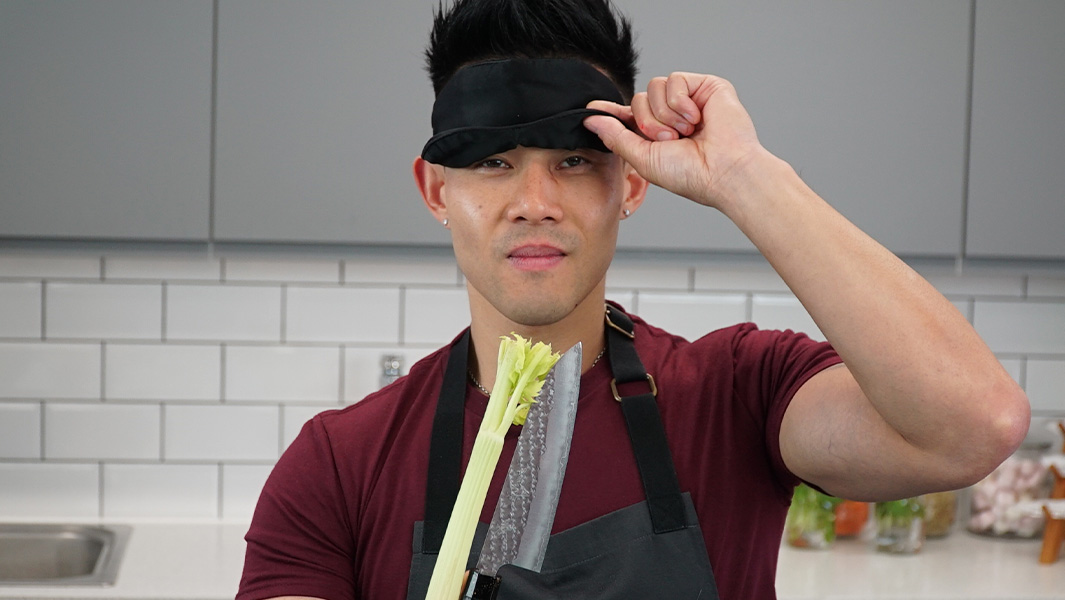 Wallace posing with a celery and knife