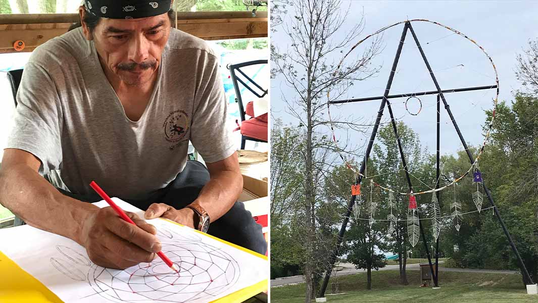 Split image of Bobbie drawing the dreamcatcher and the final product