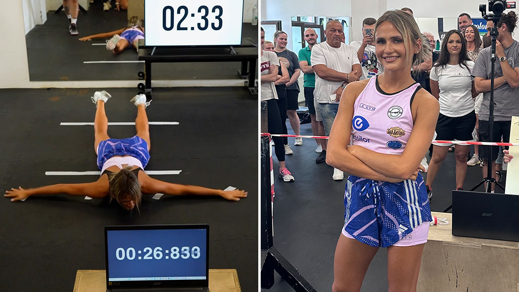 Split image of Paula doing burpees and posing