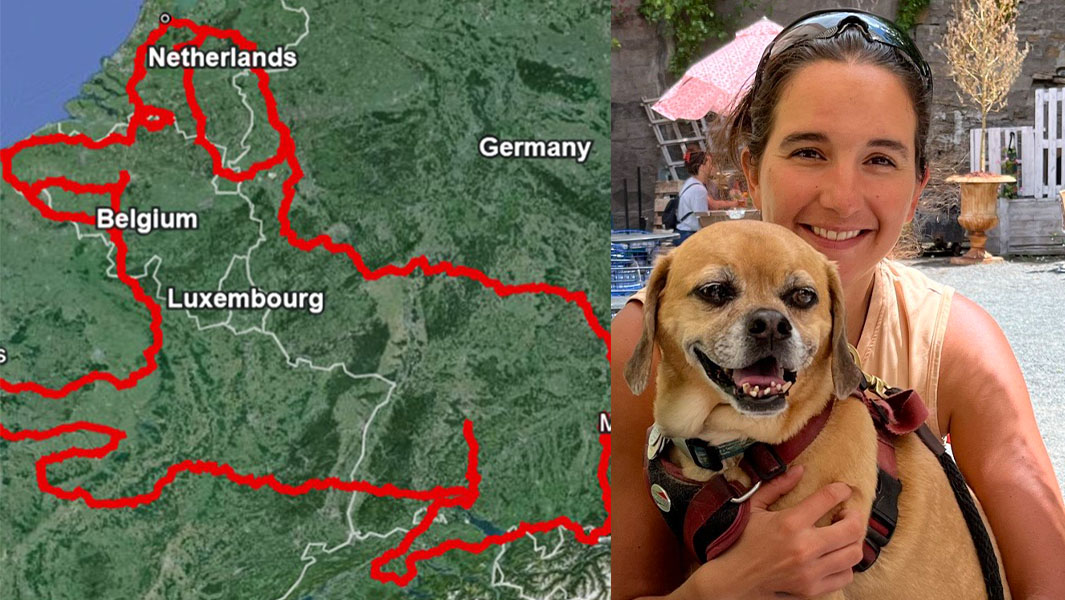 split image of GPS drawing and Kristy holding Slinky