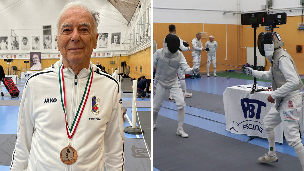 split image of oldest competitive fencer