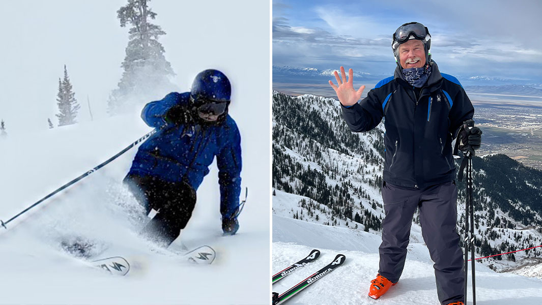 split image of Tom Hart skiing and standing atop slope