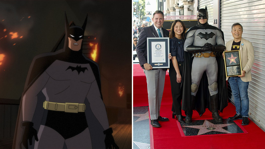 split image of Batman character and certificate presentation