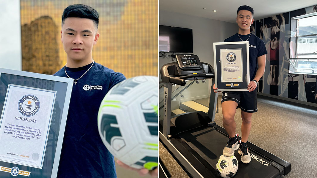 Split image of Caleb Wu posing with certificate and on a treadmill