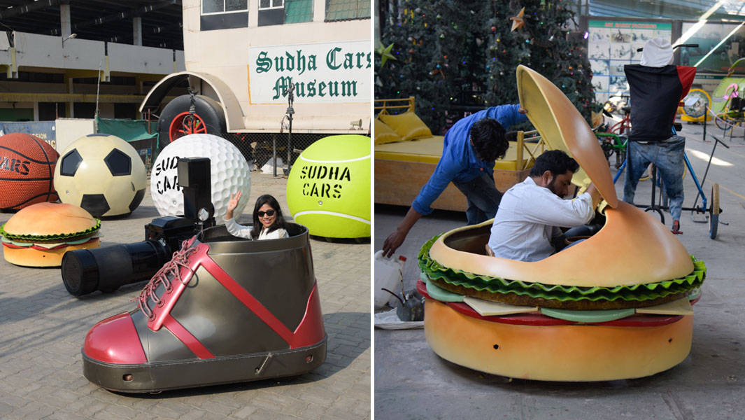 Cars shaped like hamburger and shoe